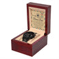 A black chronograph watch called "To Bonus Dad, Heal A Heart - Metal Chronograph Watch" is displayed in an open wooden box. The watch faces an inscribed message on the lid that reads, "To my Bonus Dad" with a heartfelt note underneath.