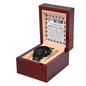 A black To Boyfriend's Dad, An Amazing Man - Metal Chronograph Watch is displayed in an open wooden box with a note thanking a boyfriend's father, describing him as an "Amazing Dad" who treats his girlfriend well.
