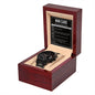 A "To Groomsman, Man Card - Metal Chronograph Watch" featuring a luxury copper dial, elegantly presented in a wooden box with the "Man Card: Groomsmen Edition" guide displayed on the inside lid.