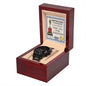 A black To Dad World's Best Daddy - Metal Chronograph watch displayed in an open wooden box with a "certificate of appreciation" titled "world's best daddy" in the lid.