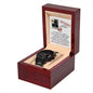 A To Groomsman, Top Secret - Metal Chronograph Watch in an open wooden box. Behind the watch, a "Top Secret" themed note with instructions for a groom's mission in a wedding is displayed.