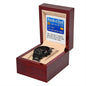 A To Dad, Bank Of Dad - Metal Chronograph Watch in an open wooden box. A card inside the box reads "Bank of Dad" and features humorous text about owing time and financial burden.