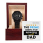 A "To Dad, The Prime Example - Metal Chronograph Watch" in a wooden box with a luxury copper dial and a message that reads, "The prime example of an amazing dad," accompanied by graphic star ratings.