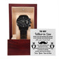 A To Father-in-Law, Thank You For - Metal Chronograph Watch in a wooden box with a heartfelt message for a father-in-law, expressing gratitude for raising a daughter and entrusting her to the giver, adorned with tuxedo graphics.