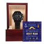 A "To Best Man, World's Greatest - Metal Chronograph Watch" featuring a luxury copper dial was displayed in an open wooden box, with a "Best Man" certificate in the background for an elegant touch.