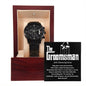 A Metal Chronograph Watch displayed in an open wooden box with the text "To Groomsman, Job Description" and a humorous job description.