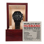 A "To Husband, Nutrition Facts - Metal Chronograph Watch" in a wooden box labeled "World's Best Husband," featuring a luxury copper dial, with a "Nutrition Facts" styled note listing attributes like attractive, dependable, and thoughtful.