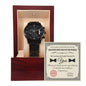 Inside an open wooden box, a "To Best Man, Official Recognition - Metal Chronograph Watch" with a sleek black design and metallic band is showcased. Next to the box stands a framed certificate titled "The Greatest Best Man in the World," expressing gratitude for the recipient's support on the wedding day.
