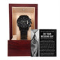 A To Son-in-Law, Hold Her Hand - Metal Chronograph Watch with a sleek black band and face is displayed in a wooden box with a heartfelt message that reads, "To my son-in-law on your wedding day.
