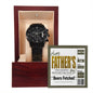 A To Dad, Beers Fetched - Metal Chronograph Watch with a sleek black strap is displayed in an open wooden box, accompanied by a "Happy Father's Day" coupon visible in the background.