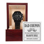 A "To Dad, Massive Hug - Metal Chronograph Watch" is displayed in an open wooden box with a "Dad Coupon" that entitles the bearer to a massive hug.
