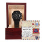 A To Girlfriend's Dad-Have Her Back - Metal Chronograph Watch with a stainless steel band is displayed inside a wooden box. The box's inside lid has a "Best Father's Day" message card, making it the perfect gift for any occasion.