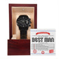 A "To Best Man, Official Certificate - Metal Chronograph Watch" in black, elegantly presented in an open wooden box with a "Best Man" certificate affixed inside the lid.