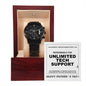 A black chronograph watch in an open wooden box with a luxury copper dial, accompanied by a label reading "To Dad, Tech Support - Metal Chronograph Watch" and "HAPPY FATHER'S DAY" at the bottom.