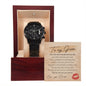 A To My Groom, You And Me - Metal Chronograph Watch in a brown wooden box with a labeled card reading "To my Groom" and a heartfelt message.