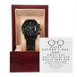 A "To Dad, Hard To Read - Metal Chronograph Watch" with a black face and metal strap is displayed inside a wooden box. The box lid features a message reading "Happy Father's Day, Dad" along with a quote.