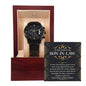 A "To Son-in-law, Her Forever Partner - Metal Chronograph Watch" is displayed in an open wooden box with a message inside the lid, addressed "To Our Son-In-Law.
