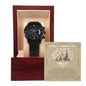 A black metal chronograph watch from the "To Husband, I Choose You" collection is elegantly displayed in an open wooden box. The box features an inscription reading "Today, I Choose You," complemented by additional text and illustrations in the background. The luxurious copper dial enhances the sophistication of this stunning timepiece.