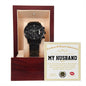 A Metal Chronograph Watch named "To Husband, Deepest Appreciation" is displayed in an open wooden box with a certificate reading "My Husband" placed behind it.