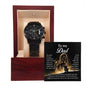 A black chronograph watch with a copper dial, encased in a wooden box with a heartfelt “To Dad, My Lion King - Metal Chronograph Watch” message inside.