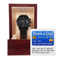 A To Dad, Bank Of Dad - Metal Chronograph Watch in an open wooden box. A card inside the box reads "Bank of Dad" and features humorous text about owing time and financial burden.