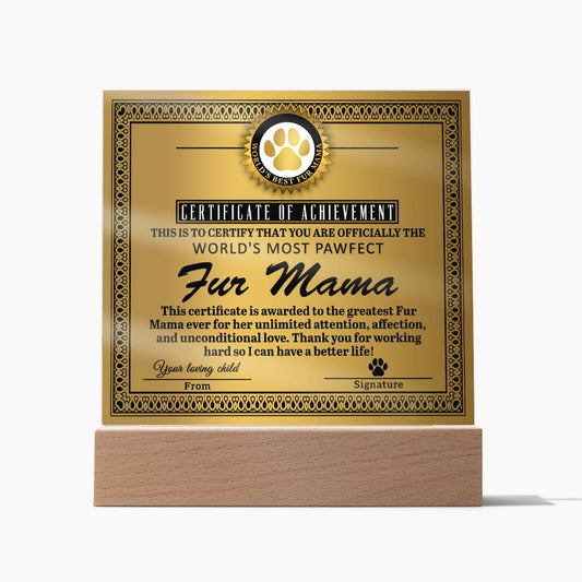 A gold-themed To Fur Mama, Certificate of Achievement - Acrylic Square Plaque proclaims the recipient as the "world's most perfect fur mama." It sits on an LED wooden base.