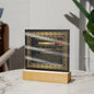 A decorative "To Boyfriend's Mom-Certificate of Excellence - Acrylic Square Plaque" on an LED wooden base, featuring ornate golden borders and a red seal.