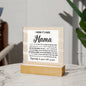 A decorative To Mom, I Know - Acrylic Square Plaque with a motivational message about resilience and self-worth, displayed on a premium acrylic wooden stand.