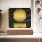 Award plaque titled "Unique Gift For Mother In Law Seal Of Excellence Acrylic Plaque With LED Thank You Gift To My Mother-In-Law For Best Mom In Law Mothers Day" on a black starry background, featuring a gold seal and LED light, with a wooden base. Date and affirmation text included.
