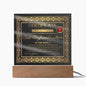 A decorative "To Boyfriend's Mom-Certificate of Excellence - Acrylic Square Plaque" on an LED wooden base, featuring ornate golden borders and a red seal.