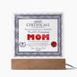 A framed To Mom, World's Greatest Mom Acrylic Square Plaque titled "certificate of achievement", with decorative borders, a seal, and signatures, standing on an LED wooden base.