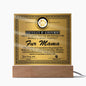 A gold-themed To Fur Mama, Certificate of Achievement - Acrylic Square Plaque proclaims the recipient as the "world's most perfect fur mama." It sits on an LED wooden base.