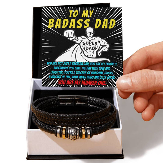 Gift box with a black To Dad, Favorite Superhero - Love You Forever Bracelet and a superhero-themed card that reads "to my badass dad," celebrating him as a favorite and number one dad.