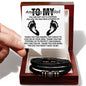 Sentence with product name: Gift box containing a To Stepdad, Care For Me - Love You Forever Bracelet and a card reading "amazing stepdad - you are not just a stepdad, you are the dad who stepped up.
