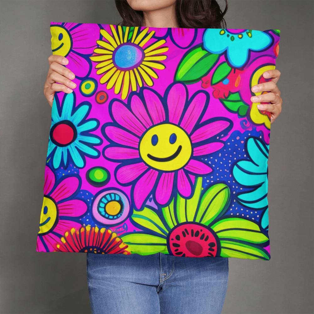 The Classic Pillow Cover with Insert Template showcases vibrant, cartoon-like flowers with smiley faces set against a pink background, crafted from premium polyester.