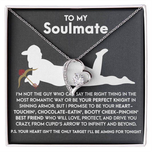 The Soulmate-Cupid's Arrow Forever Love Necklace features a heart-shaped pendant adorned with a shimmering CZ crystal, presented on a card with heartfelt messages to your soulmate, all elegantly finished in lustrous gold.
