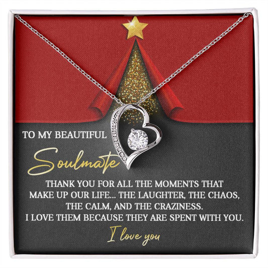 The Soulmate-The Moments - Forever Love Necklace, featuring a heart-shaped design and adorned with a cubic zirconia crystal, comes in a gift box with the heartfelt message: "To my beautiful soulmate. Thank you for all the moments... I love you." Its elegant gold finish enhances its timeless elegance.