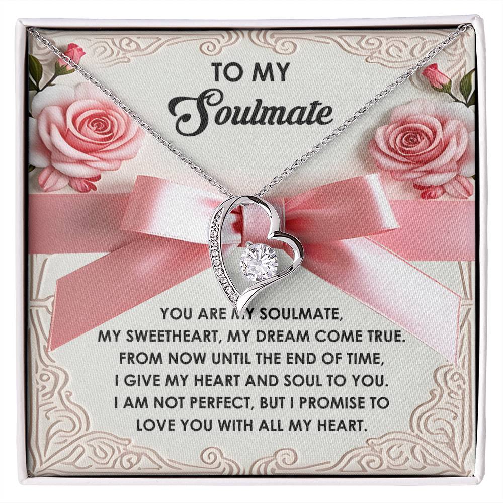 The Soulmate-Heart And Soul - Forever Love Necklace is heart-shaped with a diamond and gold finish, presented on a card that reads "To My Soulmate" with a heartfelt message, roses, and a pink ribbon.