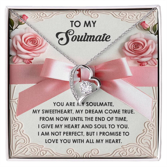 The Soulmate-Heart And Soul - Forever Love Necklace is heart-shaped with a diamond and gold finish, presented on a card that reads "To My Soulmate" with a heartfelt message, roses, and a pink ribbon.