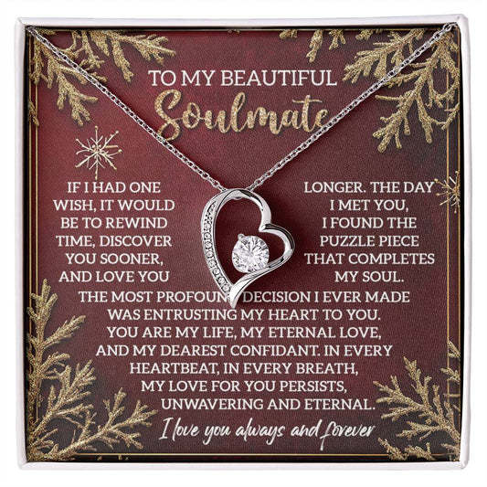 The Soulmate-Rewind Time - Forever Love Necklace showcases a heart-shaped pendant embellished with dazzling cubic zirconia and comes beautifully packaged in a gift box, accompanied by a heartfelt message about love and devotion to your soulmate.