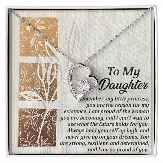 The Daughter-Holds For You - Forever Love Necklace features a heart-shaped design with a radiant CZ crystal and is displayed on a message card that expresses love and pride for a daughter.