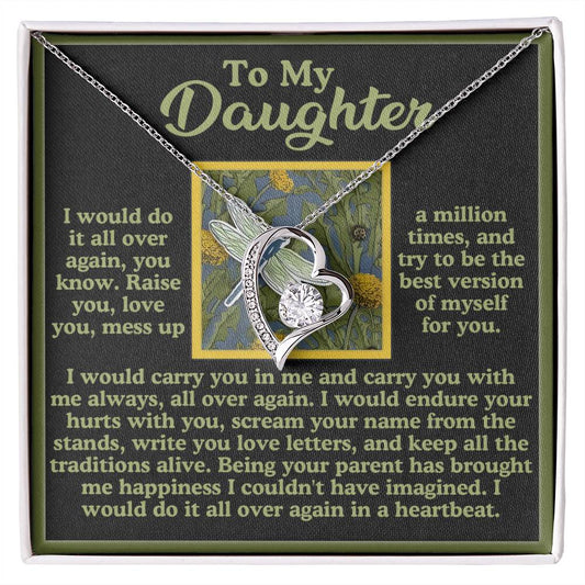 The Daughter-All Over Again - Forever Love Necklace features a heart-shaped pendant embellished with CZ crystals and comes in a box that includes a heartfelt message for your daughter. You can select either a beautiful white gold or yellow gold finish to create this cherished keepsake.