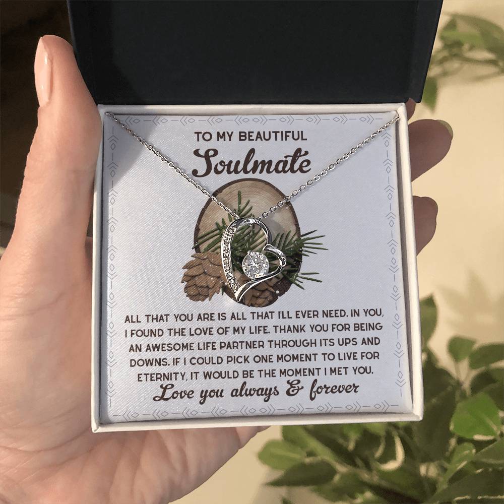 A person holds the "Soulmate-One Moment - Forever Love Necklace," featuring heart and infinity symbols in a stunning gold finish. It glistens elegantly with CZ crystals, presented in a box with a heartfelt message for a "soulmate.