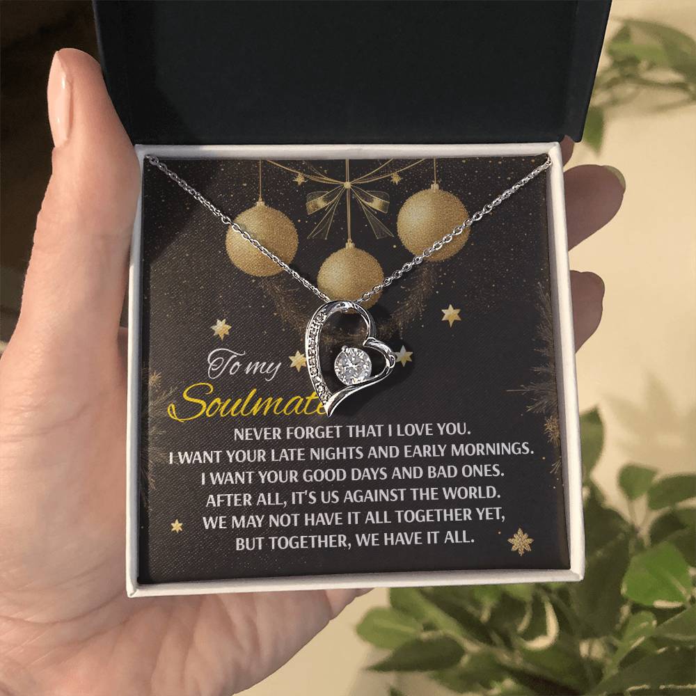 An open jewelry box held in hand reveals the Soulmate-Have It All - Forever Love Necklace, featuring a heart-shaped pendant. This elegant piece is crafted with a 14k white gold finish and embellished with sparkling cubic zirconia. The accompanying card expresses the message, "To my soulmate," followed by a heartfelt declaration of love and support.
