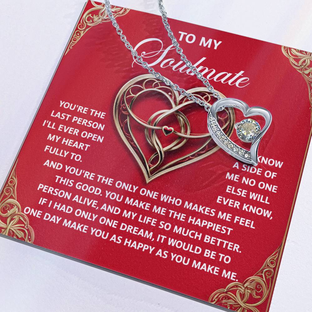 The "Soulmate-The Only One - Forever Love Necklace" features a heart-shaped CZ crystal pendant and comes with a card titled "To My Soulmate" with a romantic message about love and happiness.