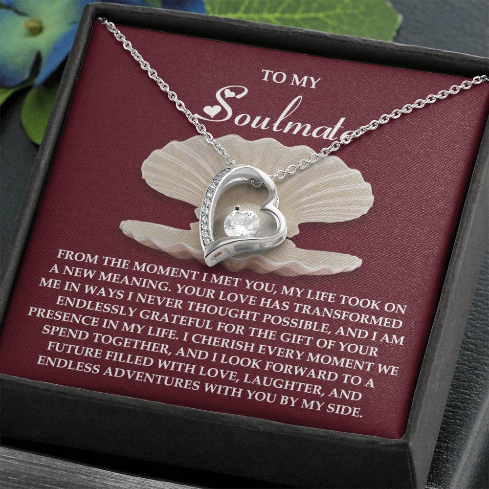 The Soulmate-Every Moment - Forever Love Necklace features a heart-shaped pendant with cubic zirconia, elegantly presented in a box with a romantic message for your soulmate. Its white gold finish adds timeless elegance.