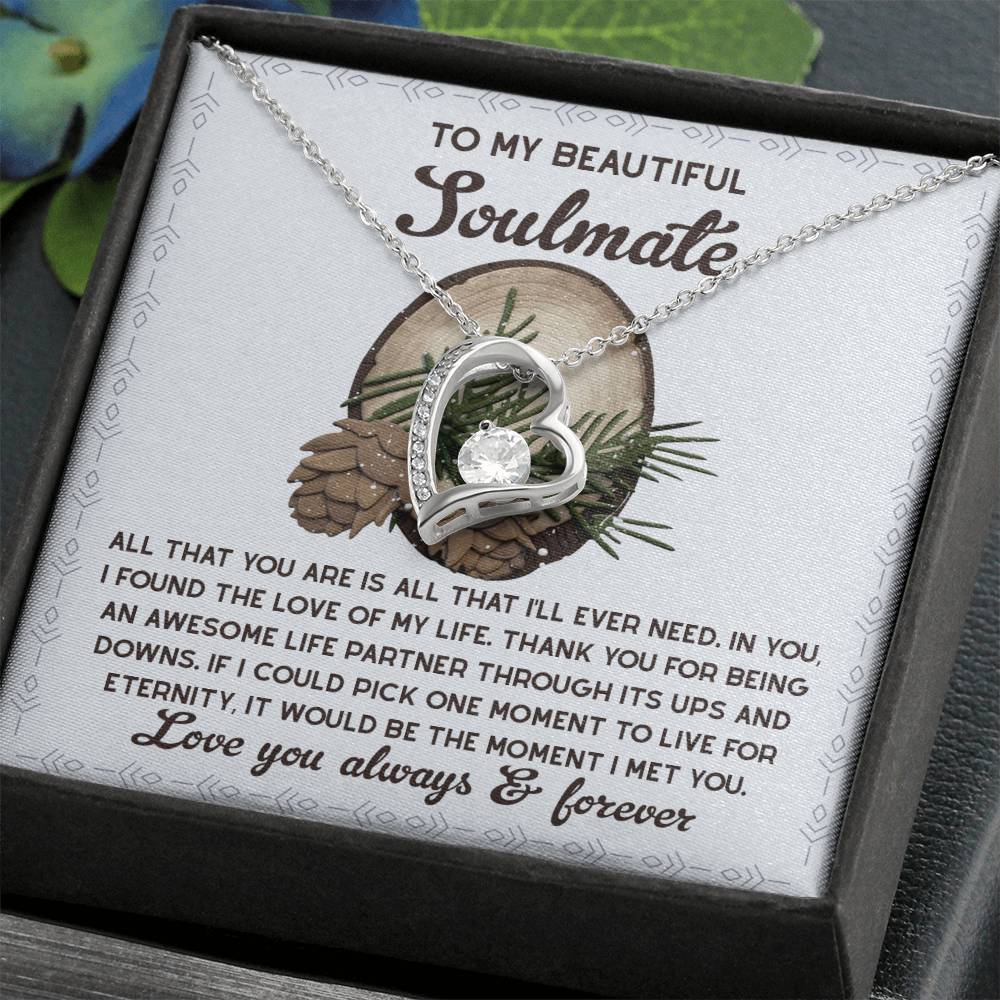 The Soulmate-One Moment - Forever Love Necklace showcases a heart pendant adorned with a dazzling CZ crystal and a refined gold finish, beautifully presented in an elegant box. The box includes a heartfelt message that conveys love and appreciation for your soulmate.