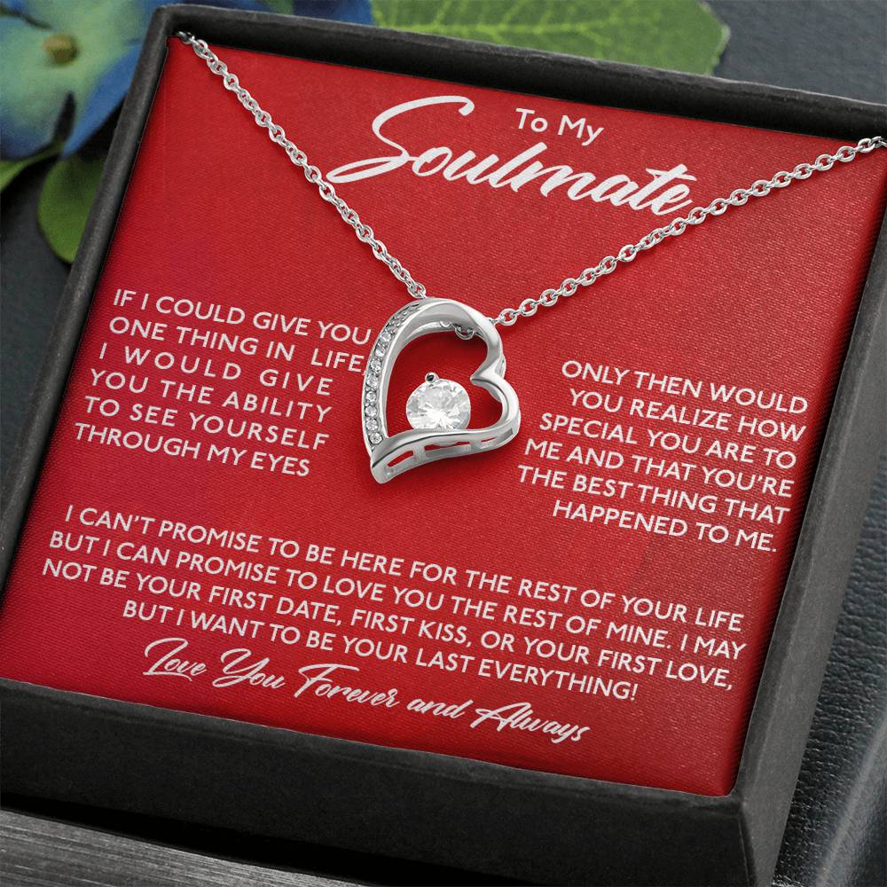 A heart-shaped pendant with a central jewel on a gold finish necklace, presented in a ShineOn Fulfillment box with a romantic message to a soulmate.