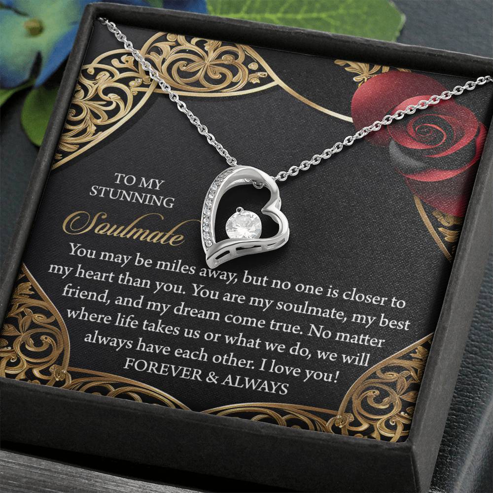 The Soulmate-Have Each Other - Forever Love Necklace includes a silver heart pendant with a cubic zirconia stone, presented on a romantic card in an elegant box, symbolizing enduring affection.