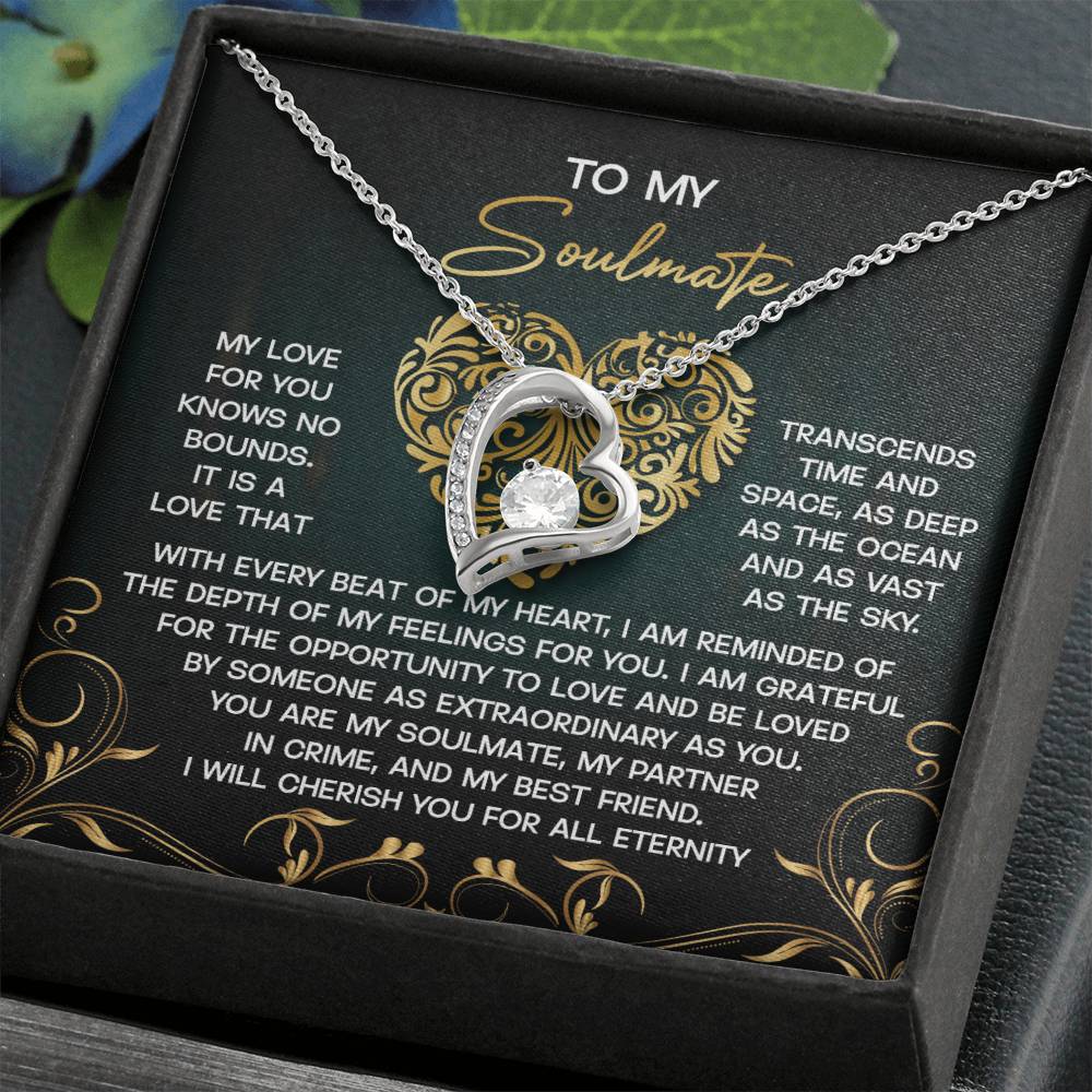The Soulmate-The Sky - Forever Love Necklace features a gold finish with a CZ crystal inset on a card, showcasing a heartfelt message of love and soulmates, enhancing the elegance of this touching symbol of affection.